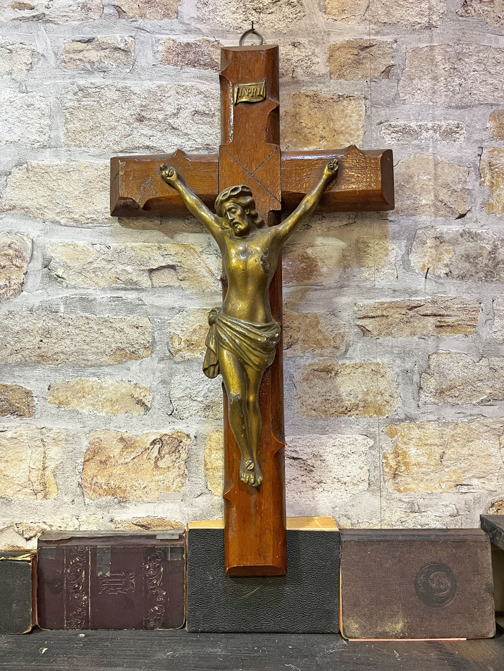 Vintage Religious Wall Cross INRI Wooden Thorn