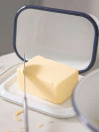 White Enamel Butter Dish - Navy Blue Rim