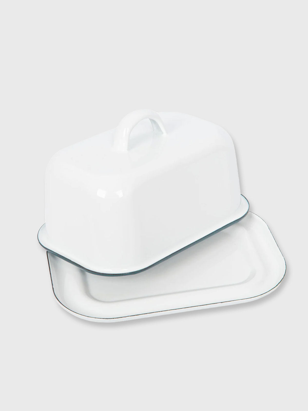 White Enamel Butter Dish - Green Rim