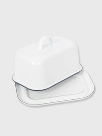 White Enamel Butter Dish - Navy Blue Rim