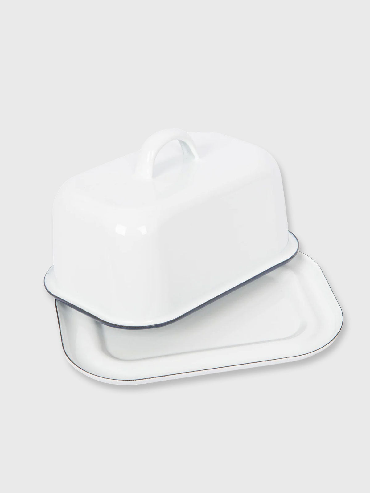 White Enamel Butter Dish - Navy Blue Rim