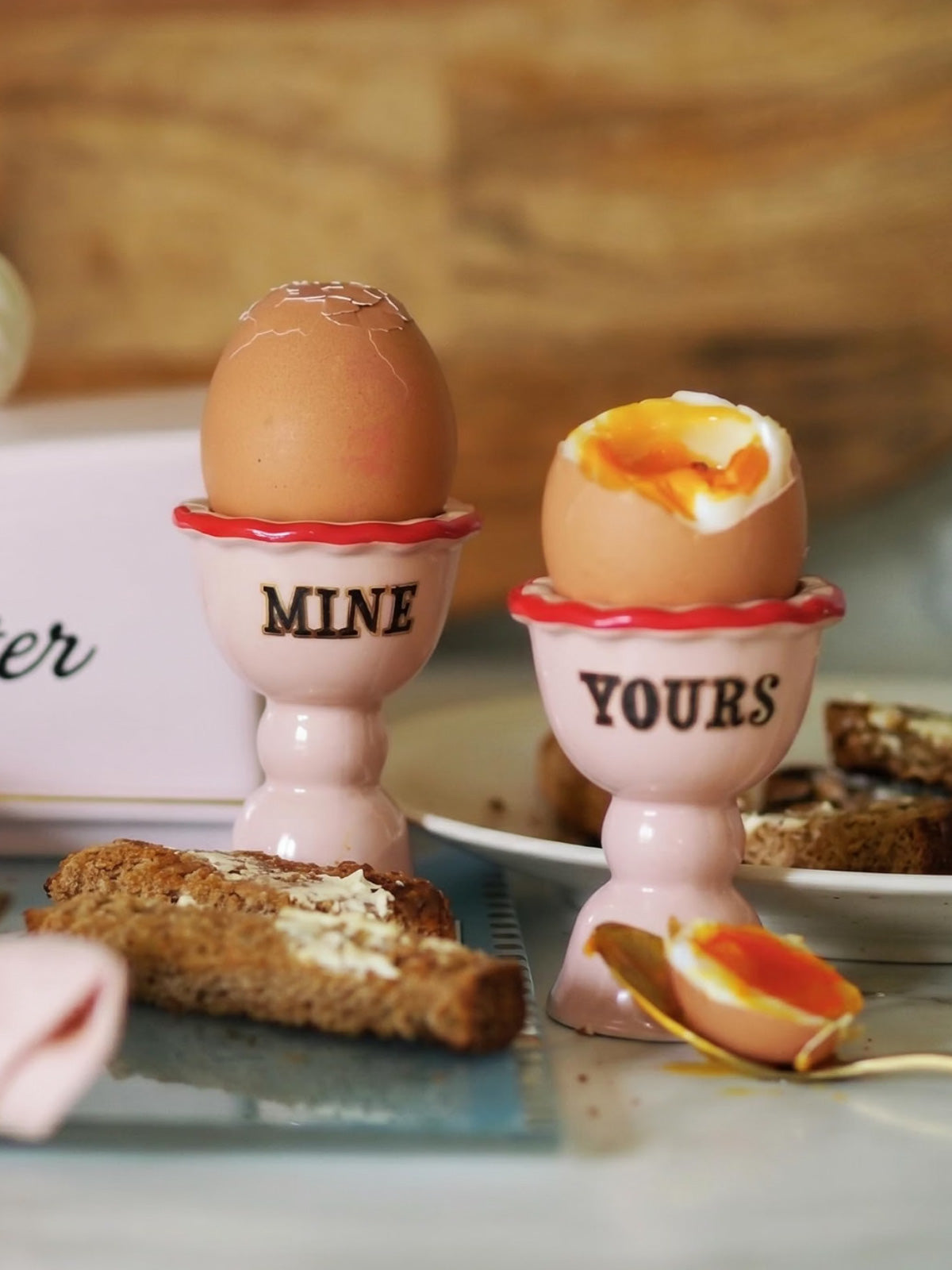 Yvonne Ellen Fluted Ceramic 'Mine' 'Yours' Egg Cup - Set of 2