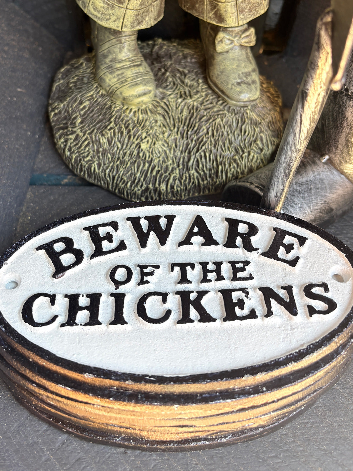 Beware of the Chickens - Oval Cast Iron Sign