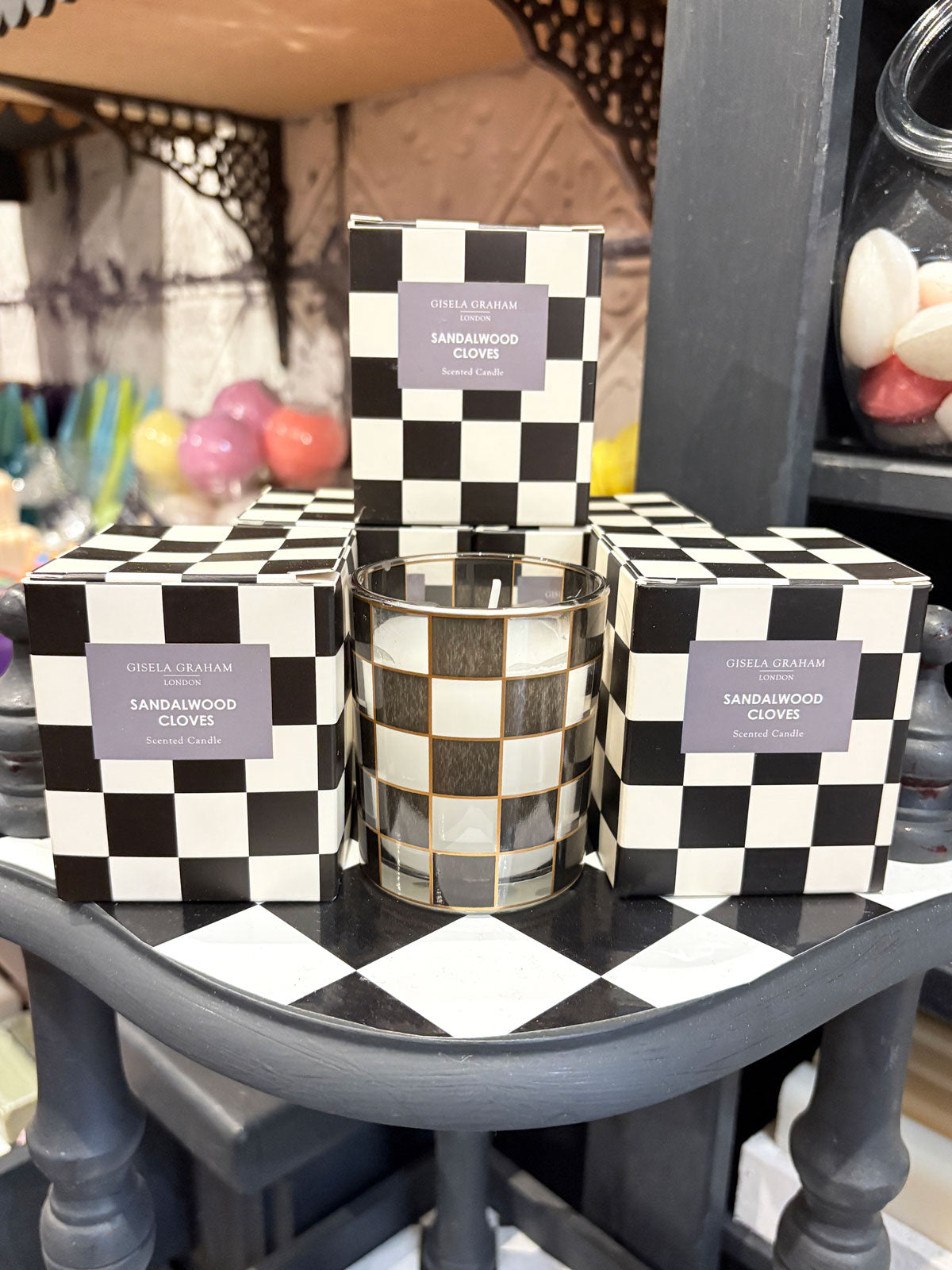 Black & White Check Glass Candle - Cloves & Sandalwood