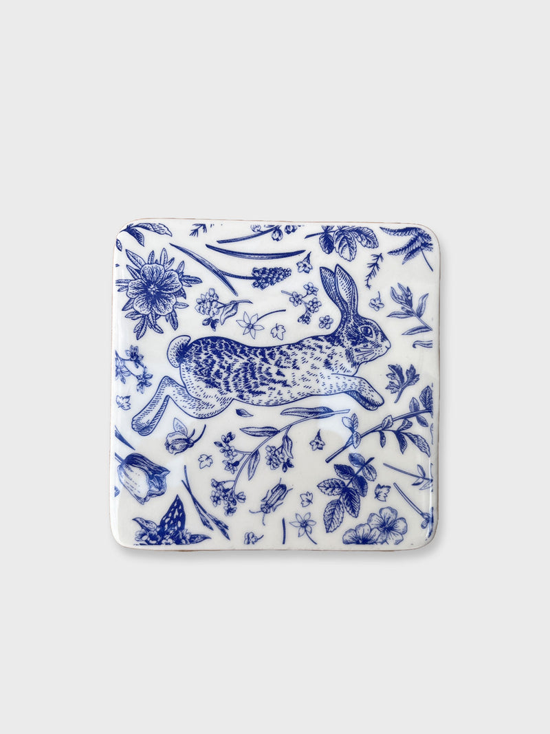 Floral Rabbit Blue and White Ceramic Coaster