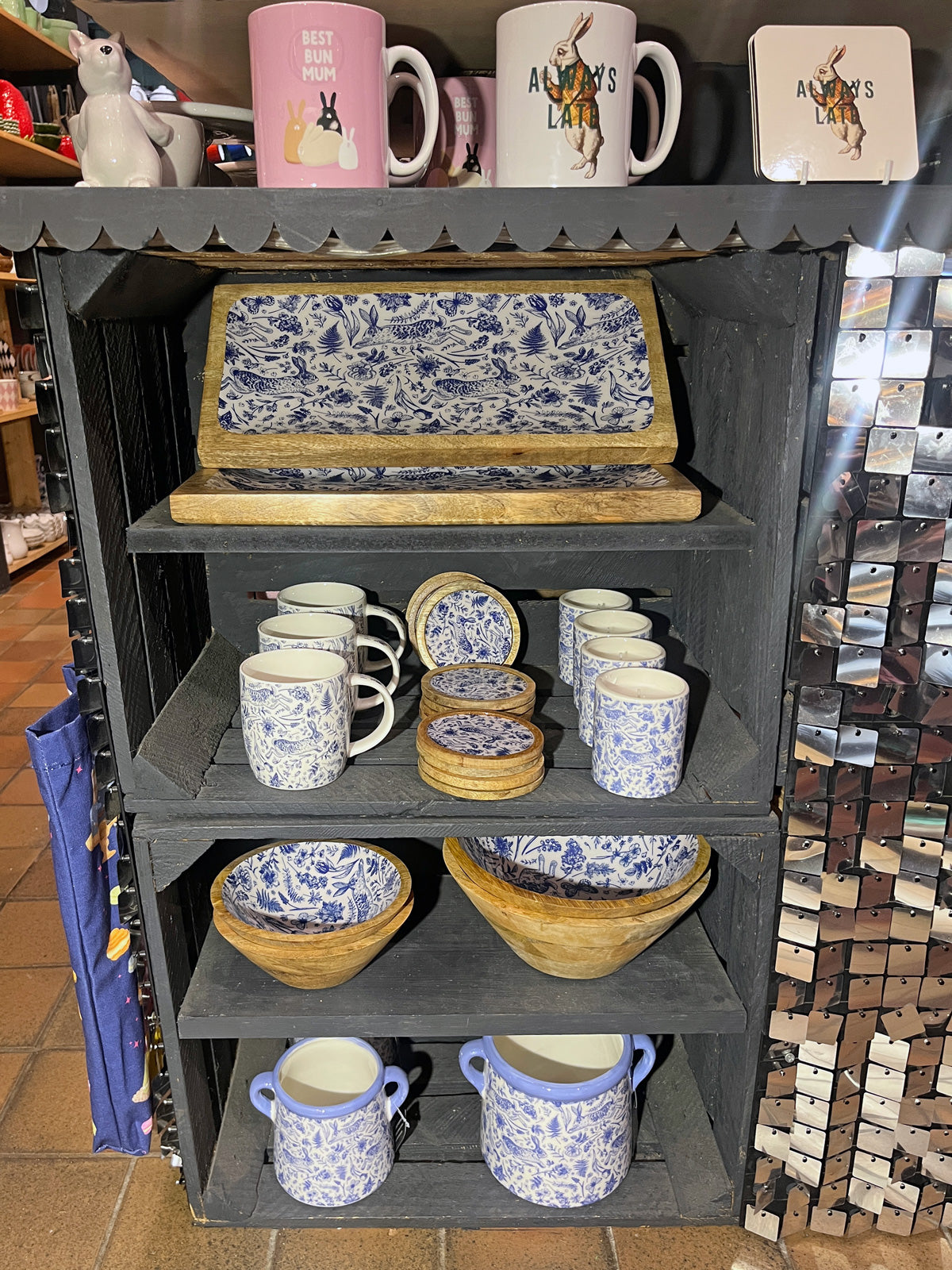 Blue Floral Rabbit Wooden Platter Tray - 40cm