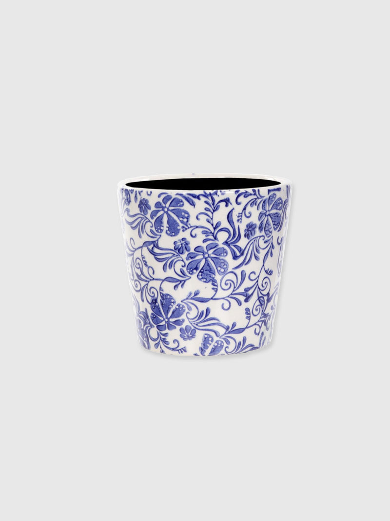 Blue Floral Ceramic Glazed Plant Pot - Medium