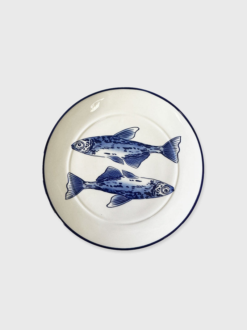 Ceramic Fish Plate - Cream and Blue