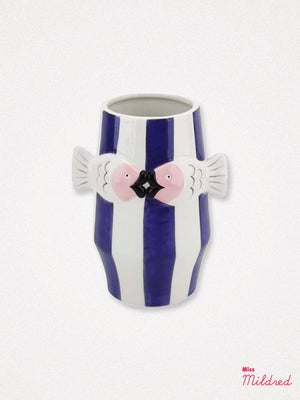 Quirky Ceramic Fish Vase - White / Blue Stripe