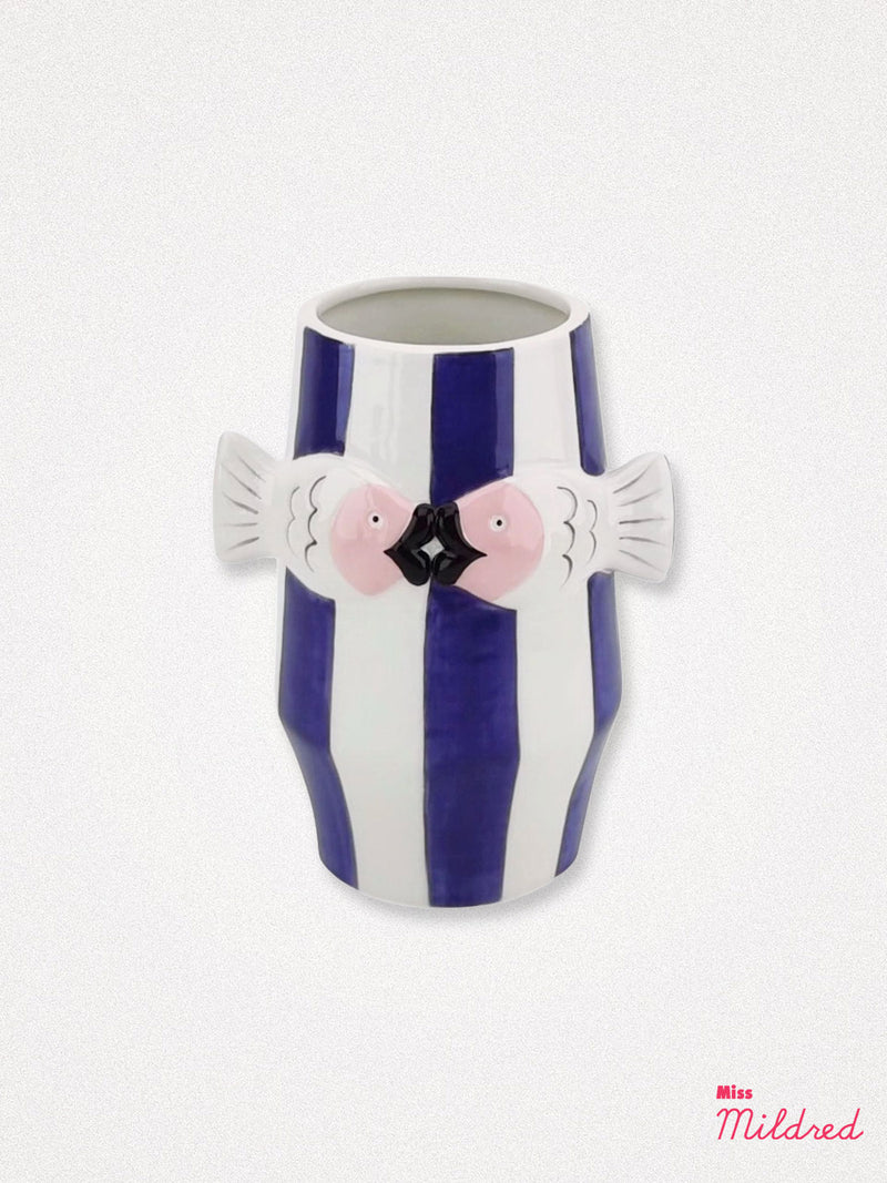Quirky Ceramic Fish Vase - White / Blue Stripe