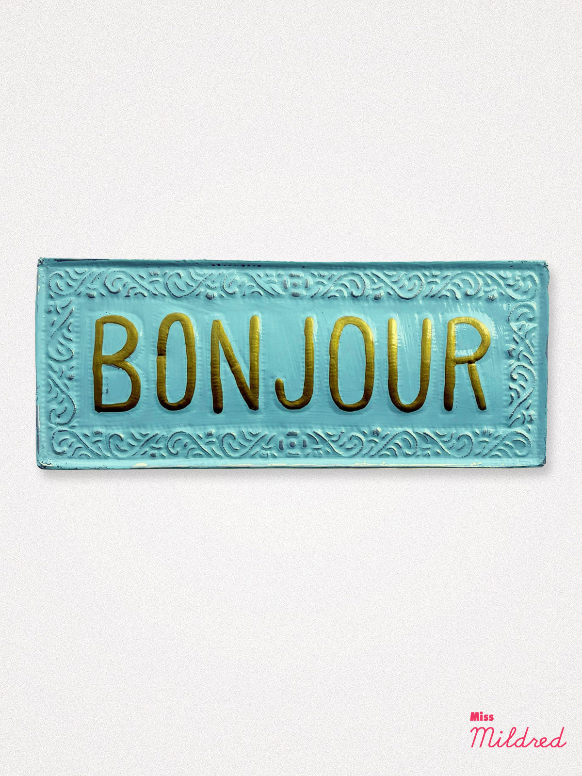 Bonjour - Aqua Hanging Metal Sign - 38cm