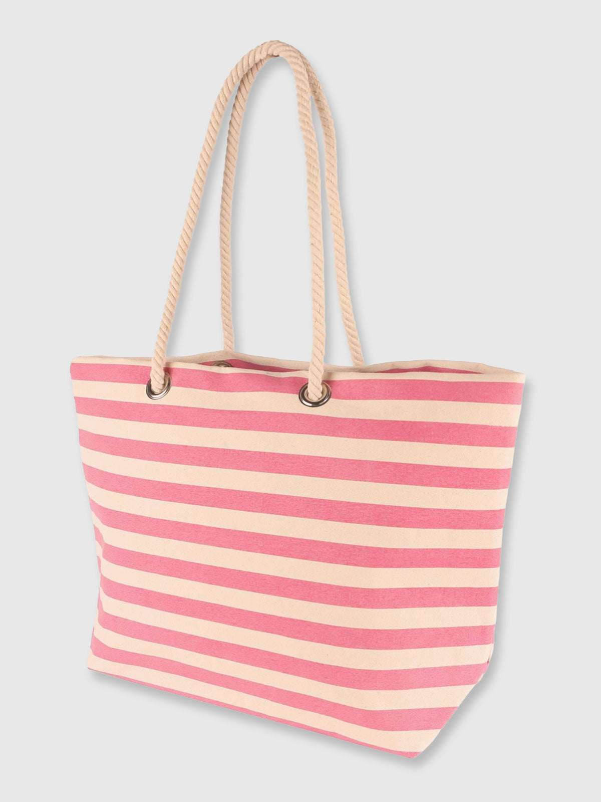 Large Pink Striped Canvas Tote Beach Bag - Rope Handles