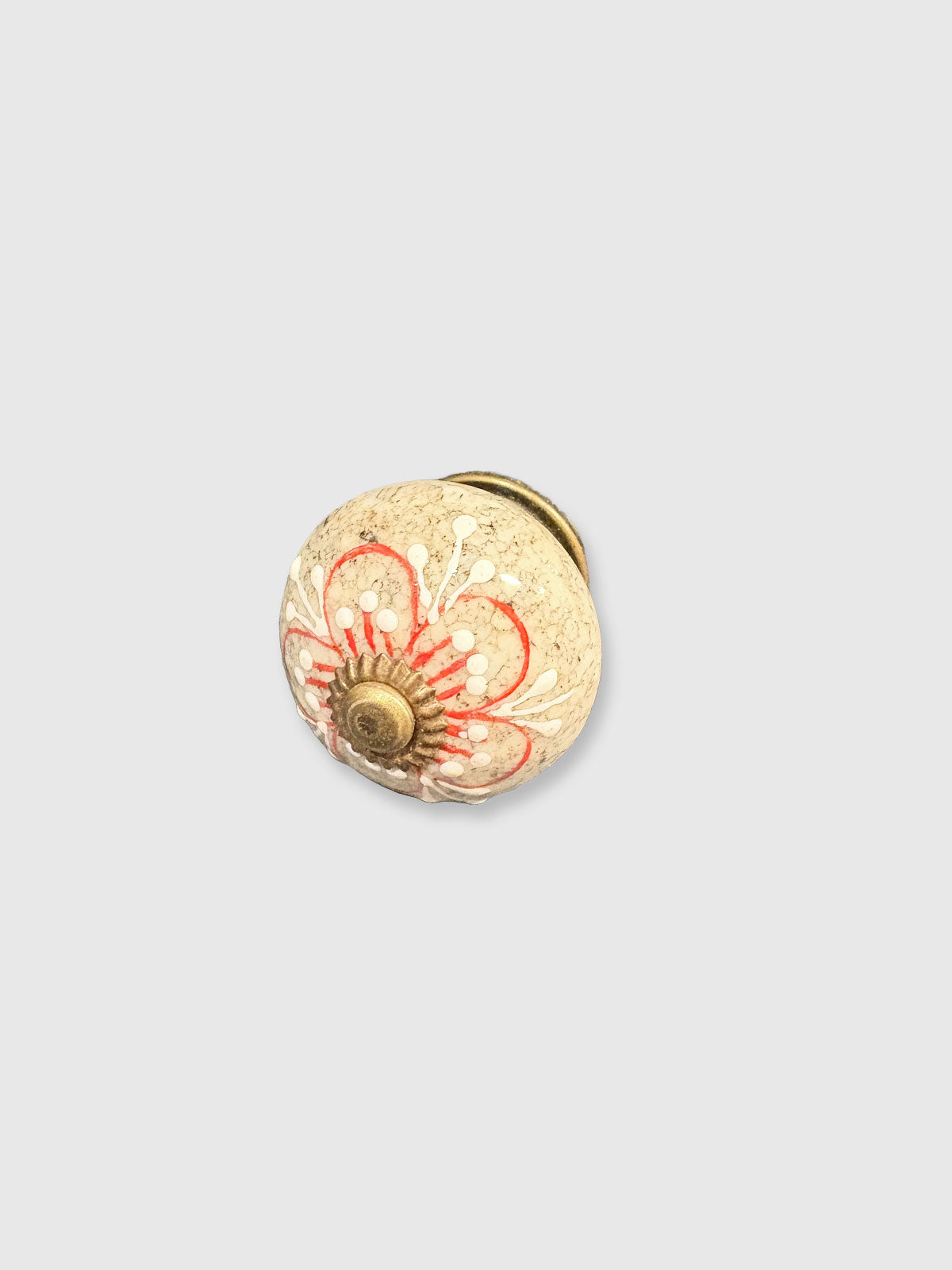 Rustic Ceramic Drawer Knob - Cream & Red Flower
