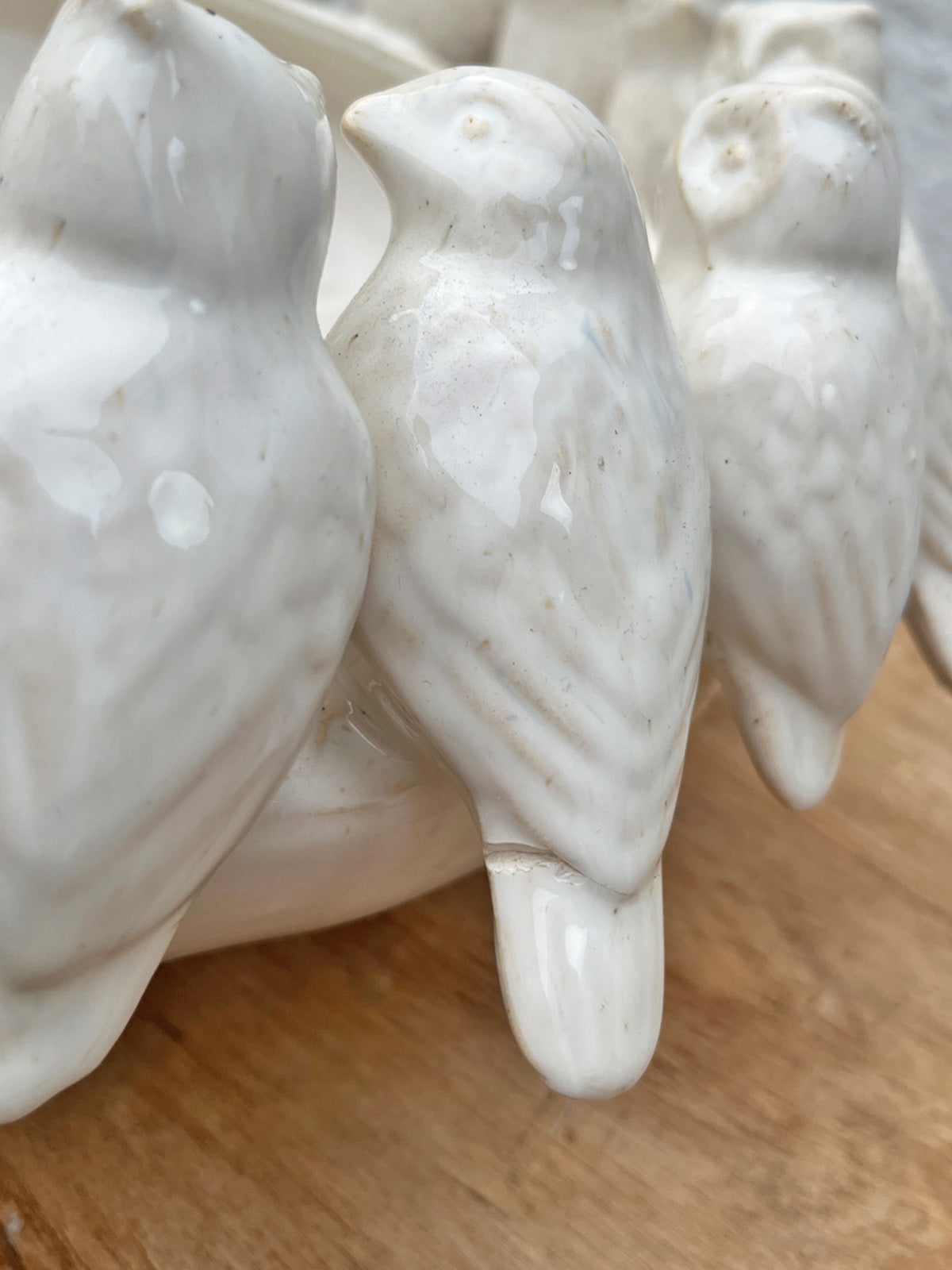 Bowl with Perched Birds & Owls - White Ceramic - REPAIRED