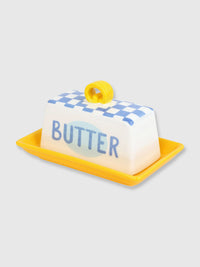 Blue Check Bistro Ceramic Butter Dish - Half Stick