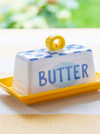 Blue Check Bistro Ceramic Butter Dish - Half Stick