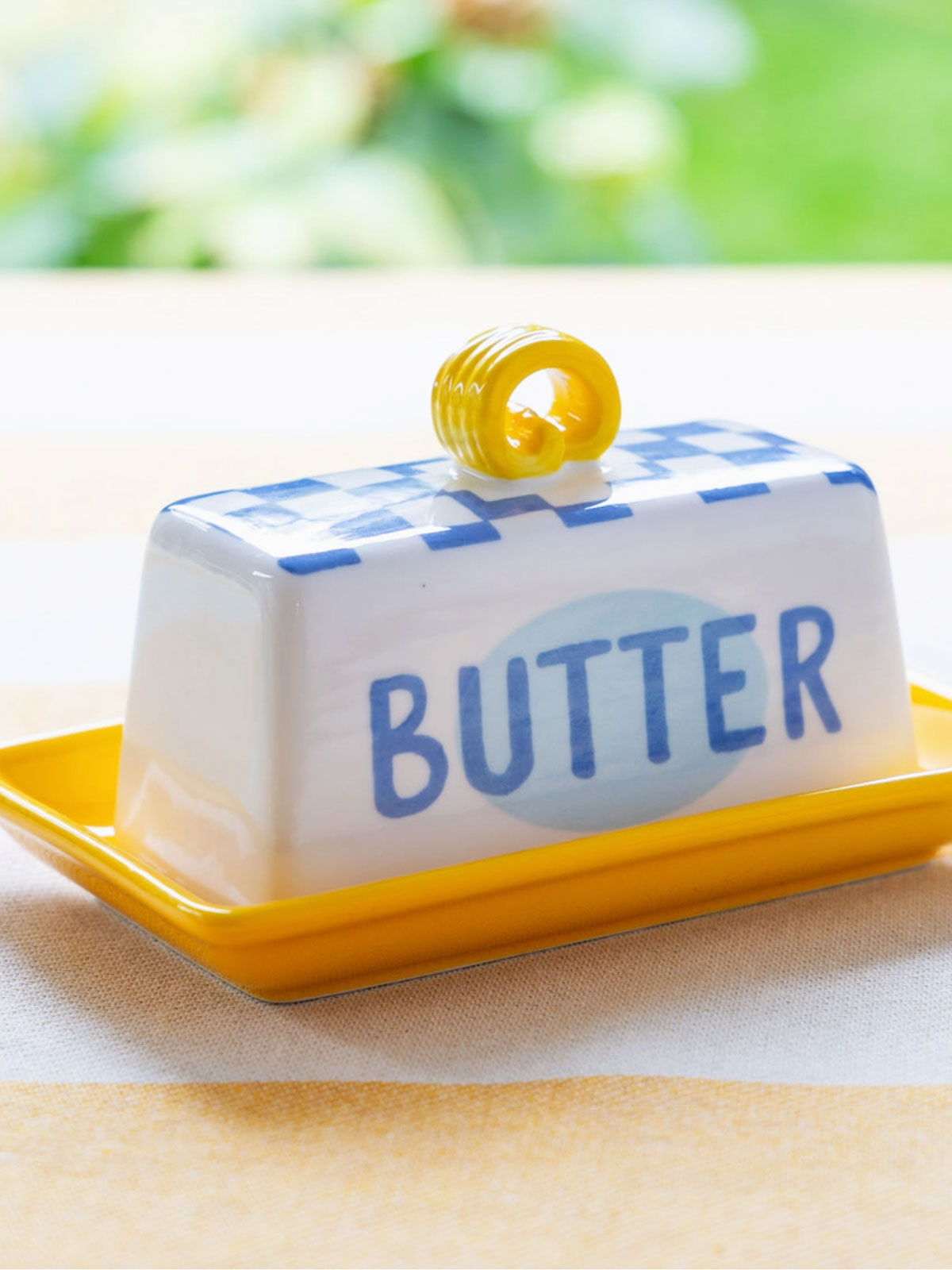 Blue Check Bistro Ceramic Butter Dish - Half Stick