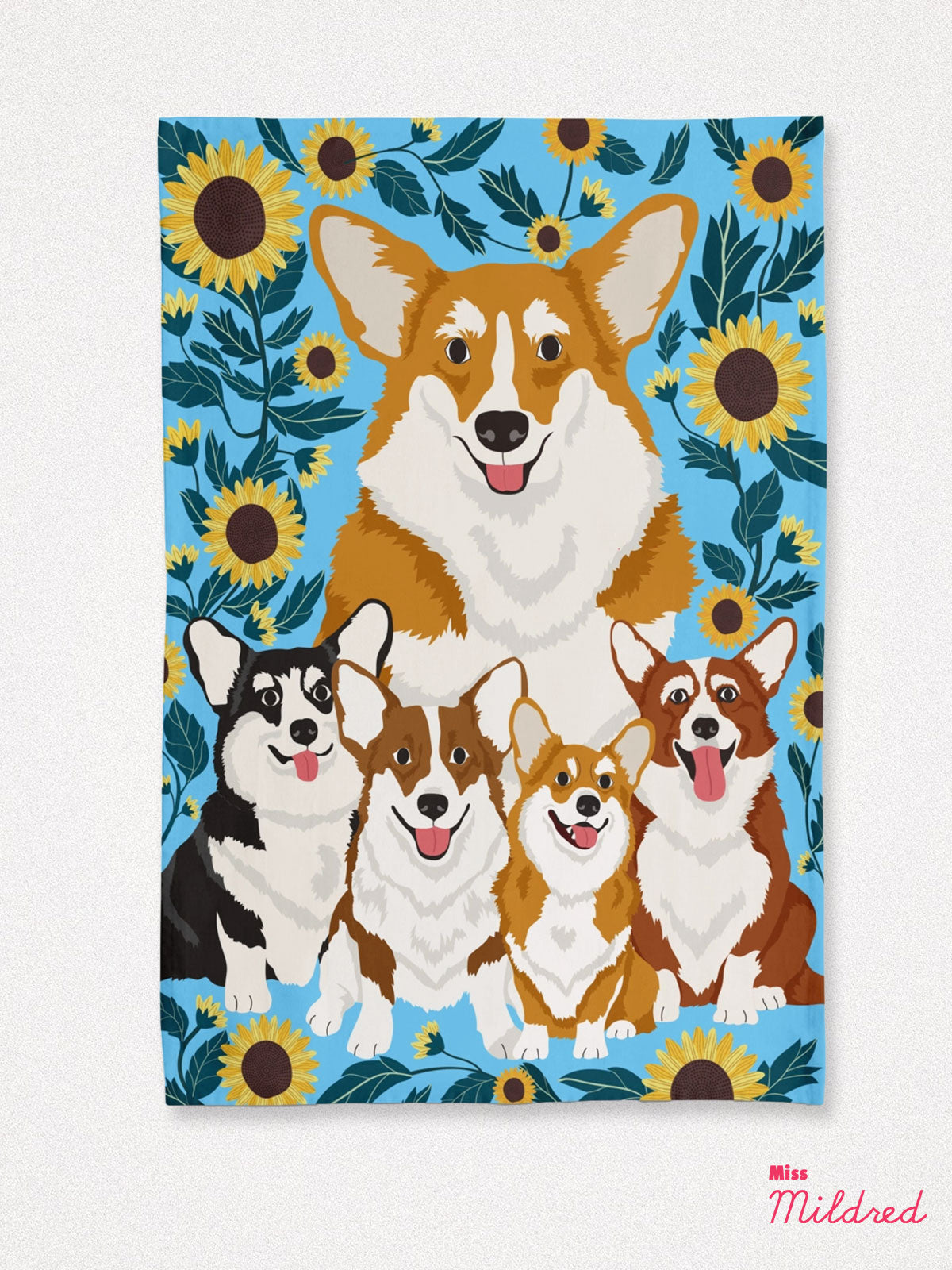 Corgis and Sun Flowers - Cotton Tea Towel