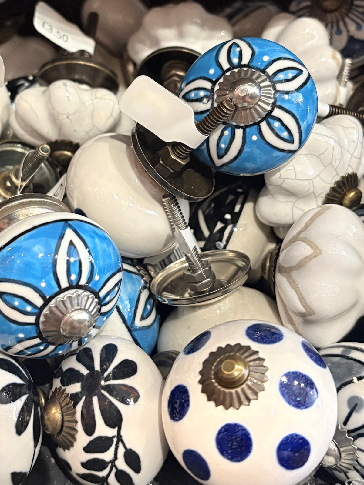 Round Striped Ceramic Drawer Knob - Blue & White
