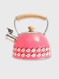 A pink floral whistling kettle with a real wooden handle, made from enamelled stainless steel.