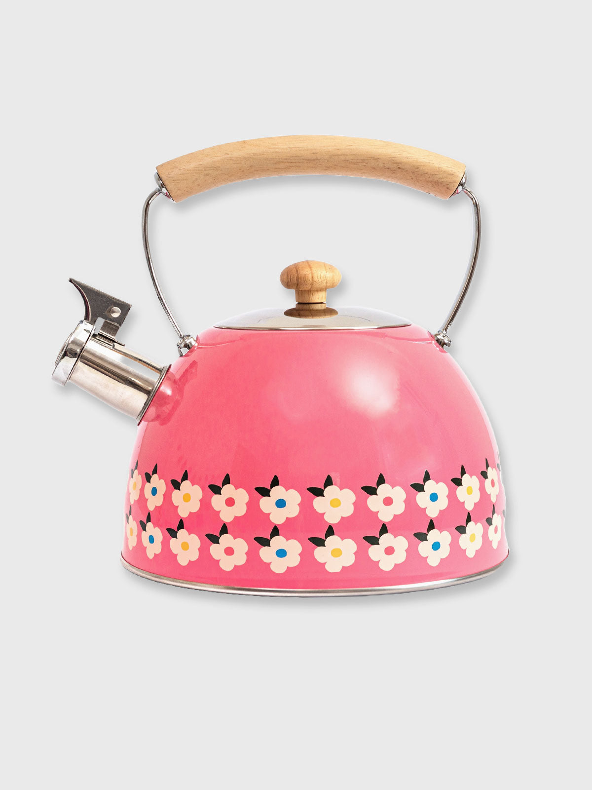 A pink floral whistling kettle with a real wooden handle, made from enamelled stainless steel.