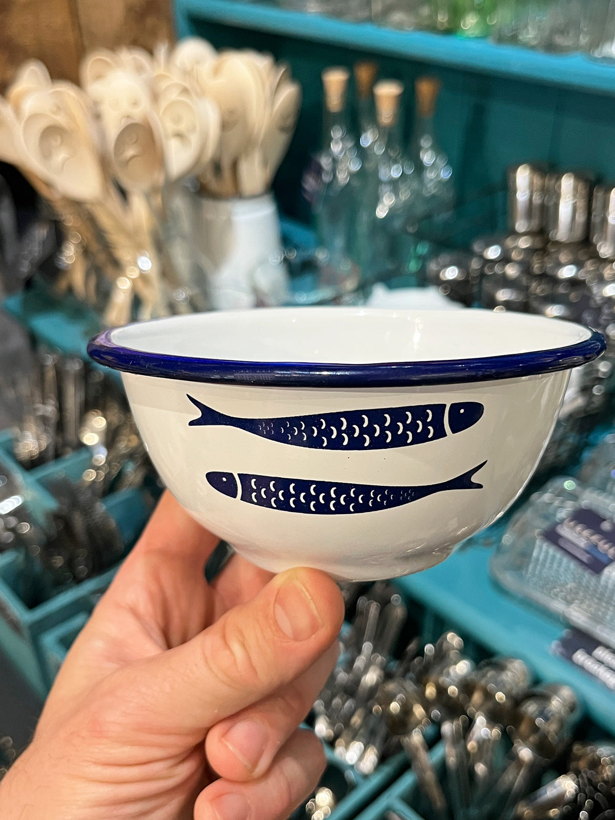 Enamel Fish Design White and Blue Soup Bowl