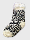 Ladies Long Slipper Sock - Cream Leopard