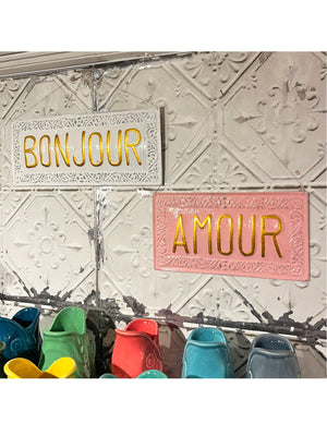 Bonjour - White Hanging Metal Sign - 38cm