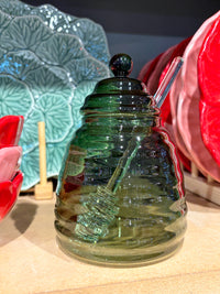 Green Glass Honey Pot - 13cm