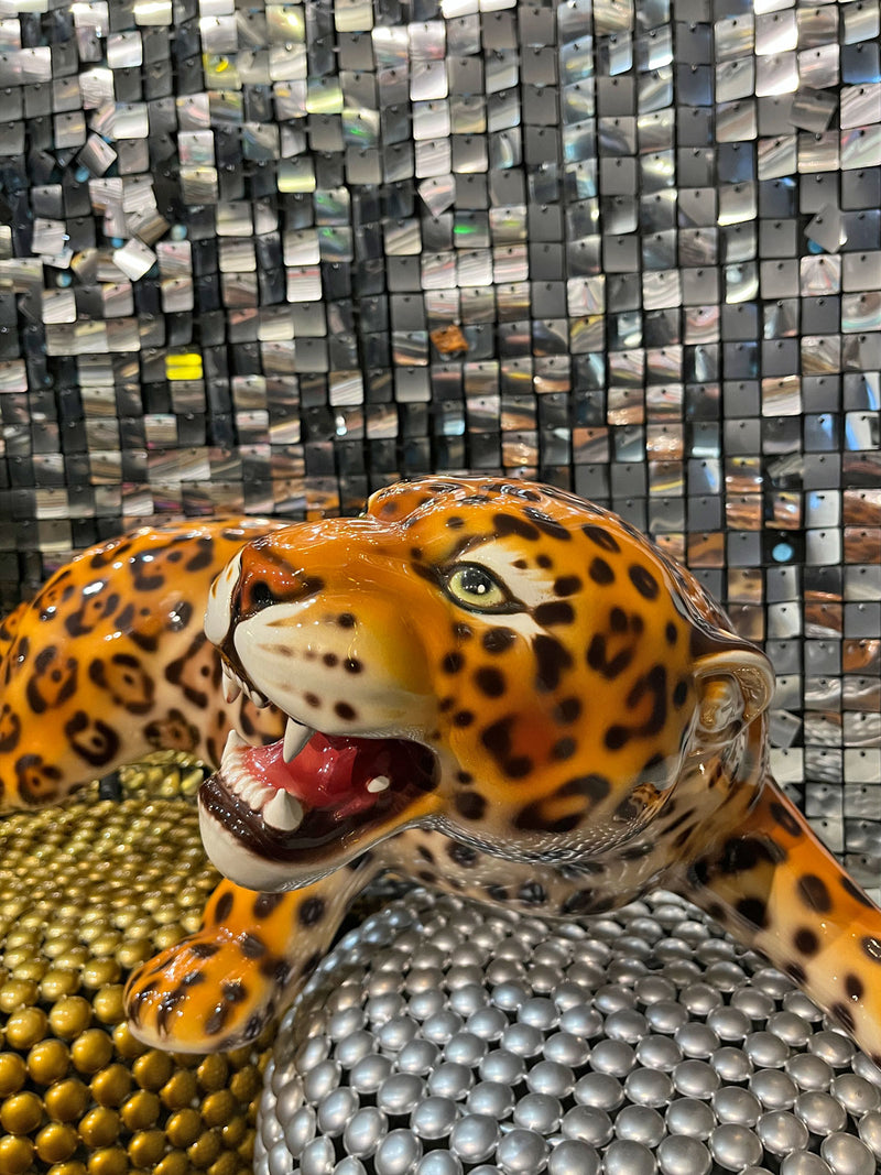 Large Italian Porcelain Crouching Jaguar Statue Figure
