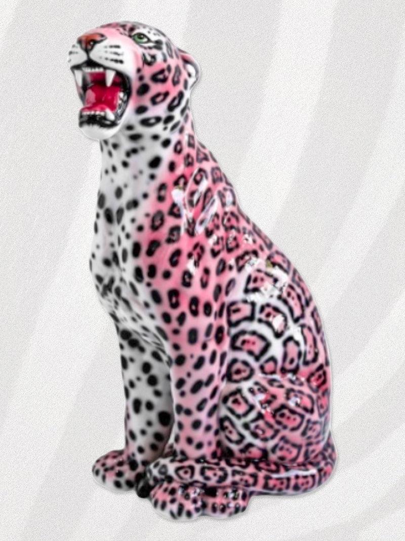 Large Italian Porcelain Pink Jaguar Statue Figure