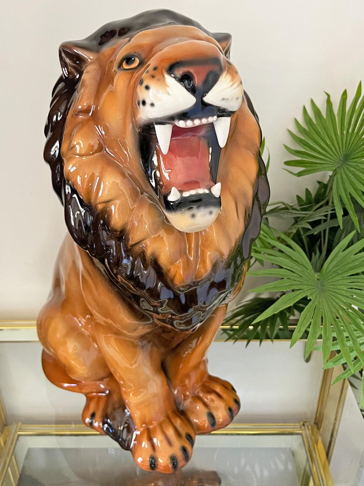 Large Italian Porcelain Roaring Lion Statue Figure