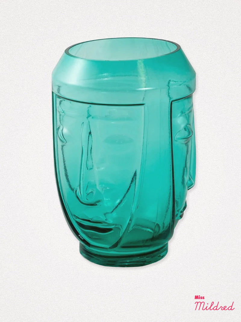 Large Glass Deco Face Vase - Teal