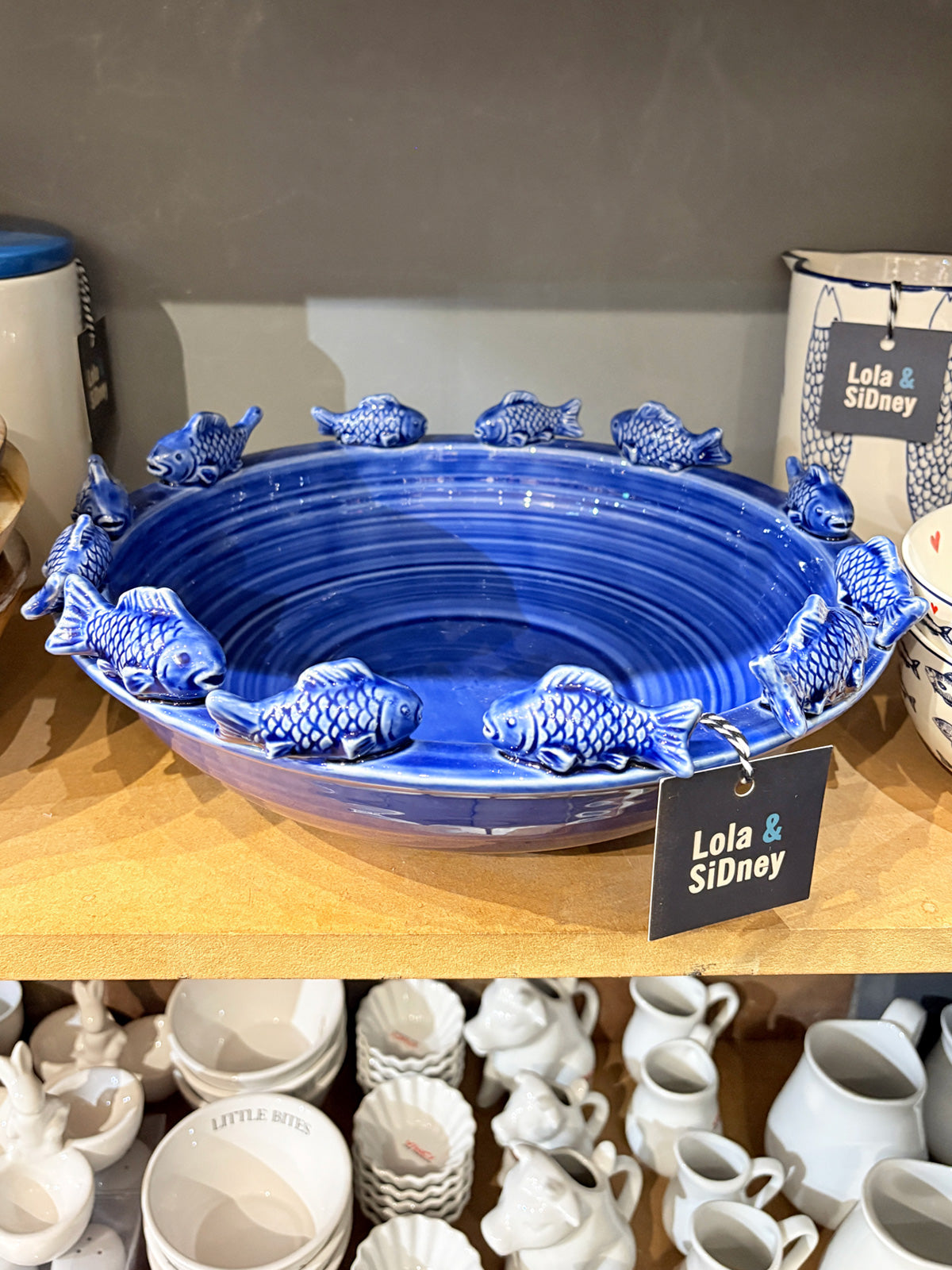 Large Bowl with Swimming Fish - Blue Ceramic