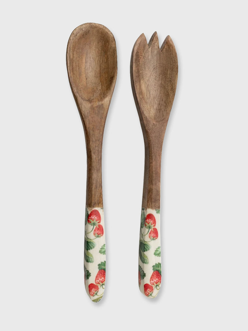 Mango Wood Salad Spoon & Fork Set - Strawberry