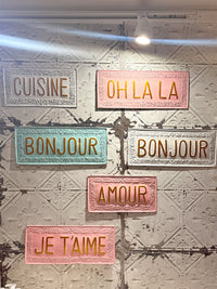 Bonjour - Aqua Hanging Metal Sign - 38cm
