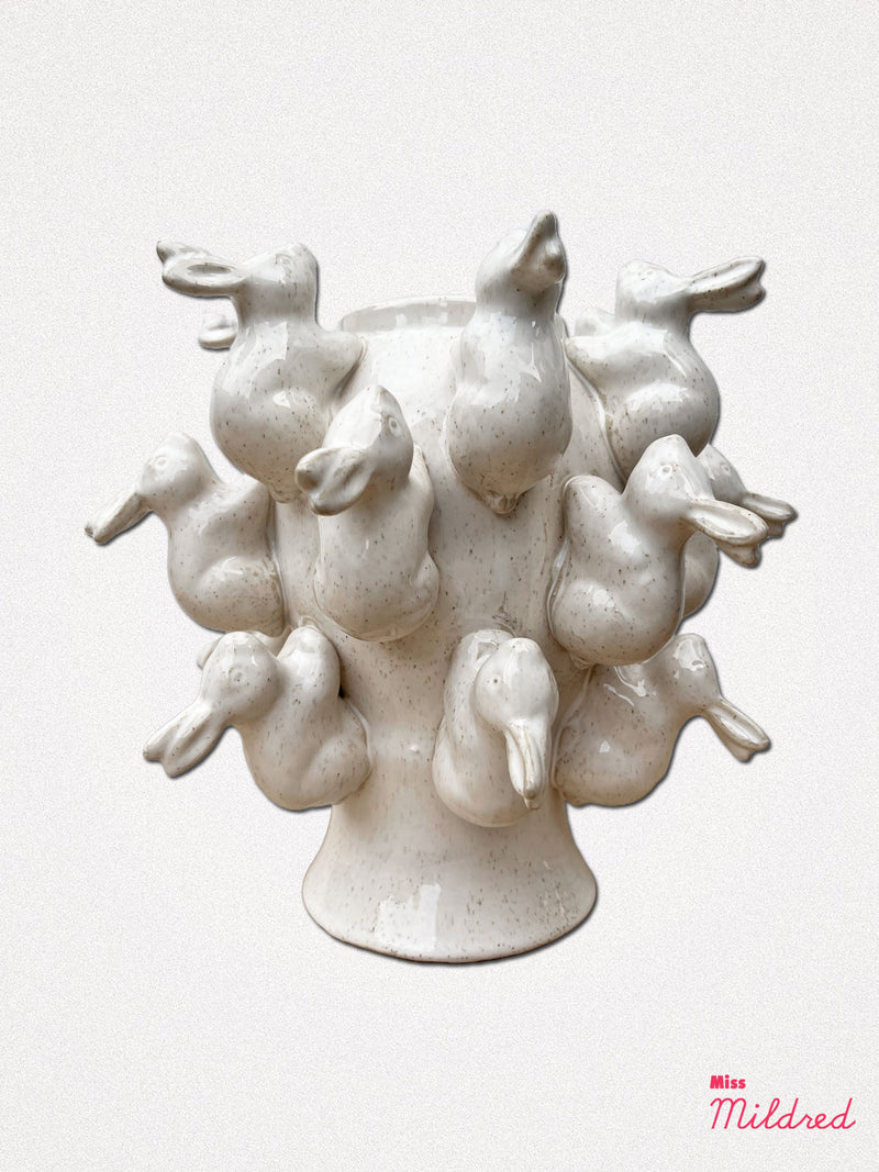 Vase with Bunny Rabbits - White Ceramic