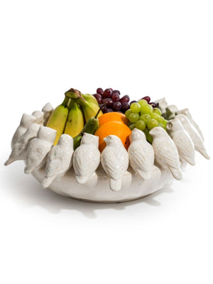 Bowl with Perched Birds - White Ceramic