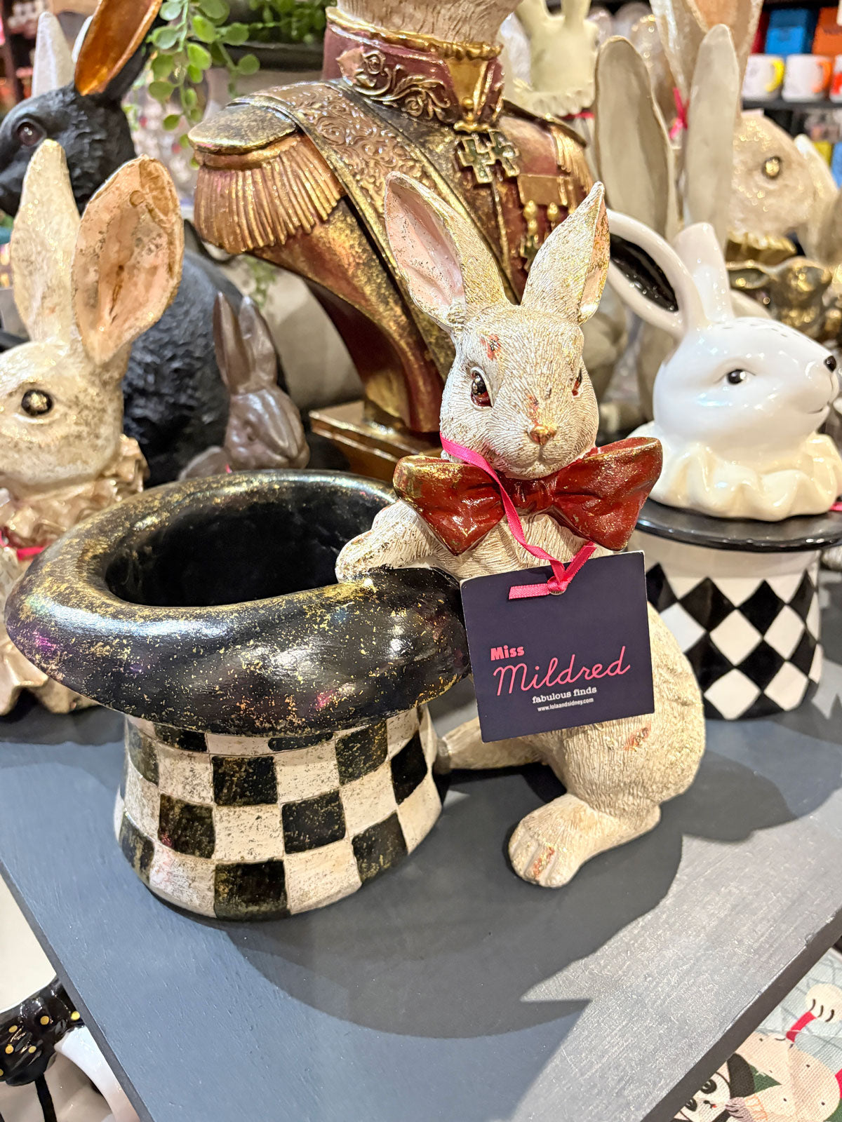 White Rabbit with Checkered Hat Figurine