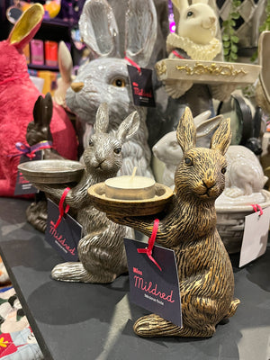 Rabbit Holding Tea Light Holder - Bronze Colour