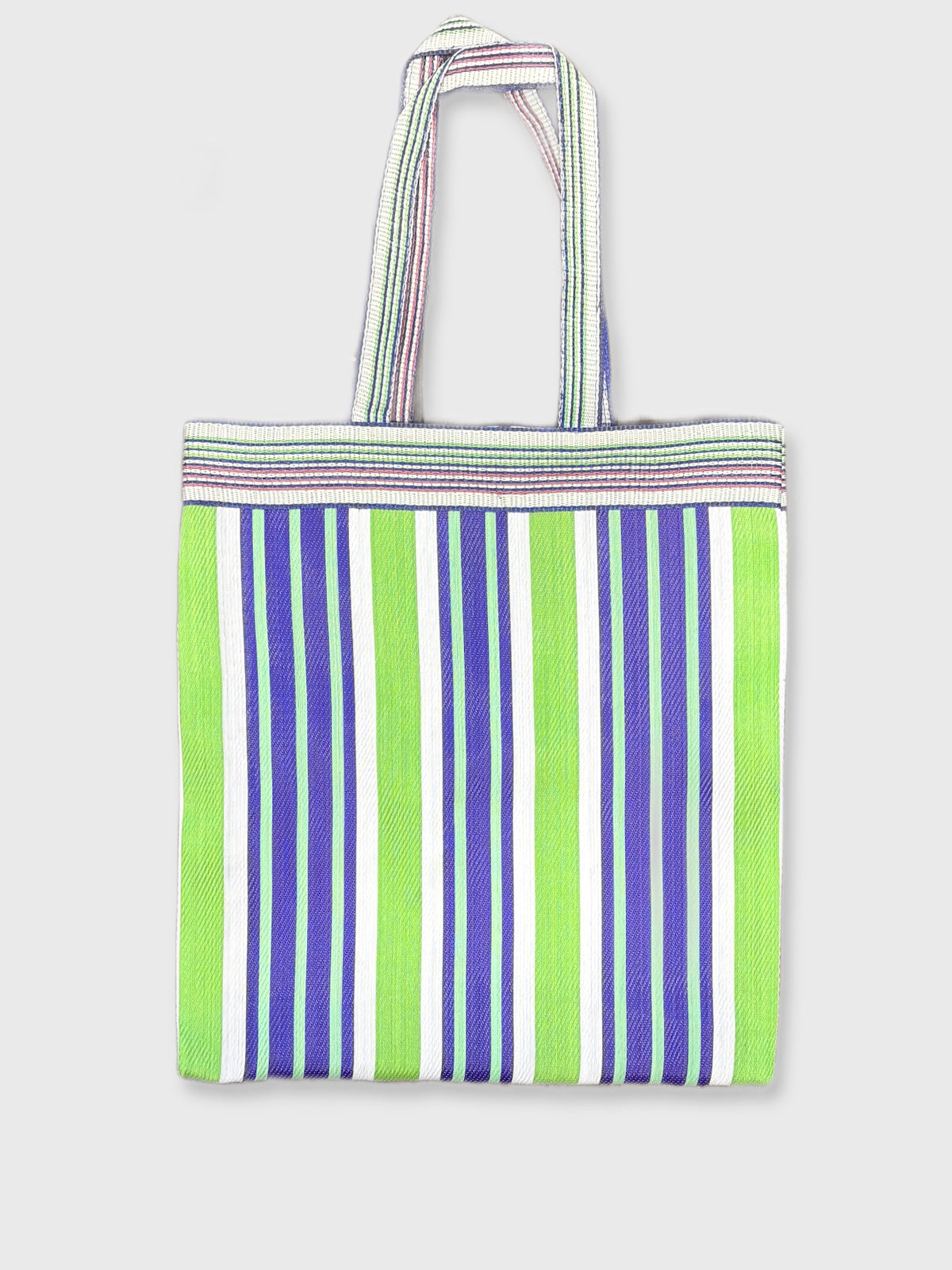 Colourful Woven Stripe Recycled Shopper Market Bag - Blue & Lime Green