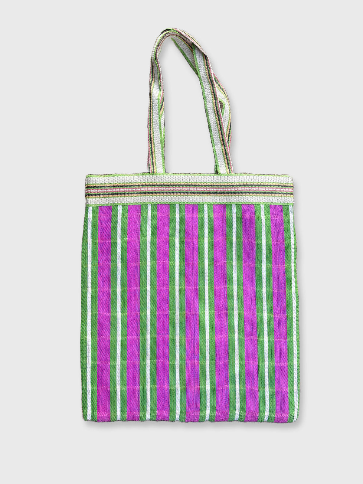 Colourful Woven Stripe Recycled Shopper Market Bag - Green & Pink