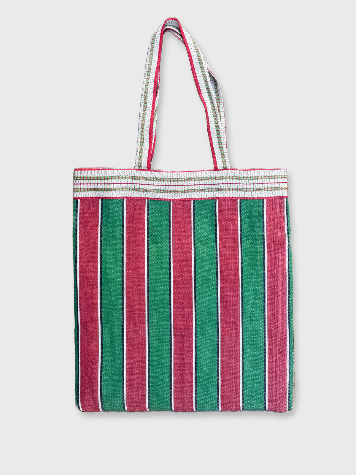Colourful Woven Stripe Recycled Shopper Market Bag - Green & Red