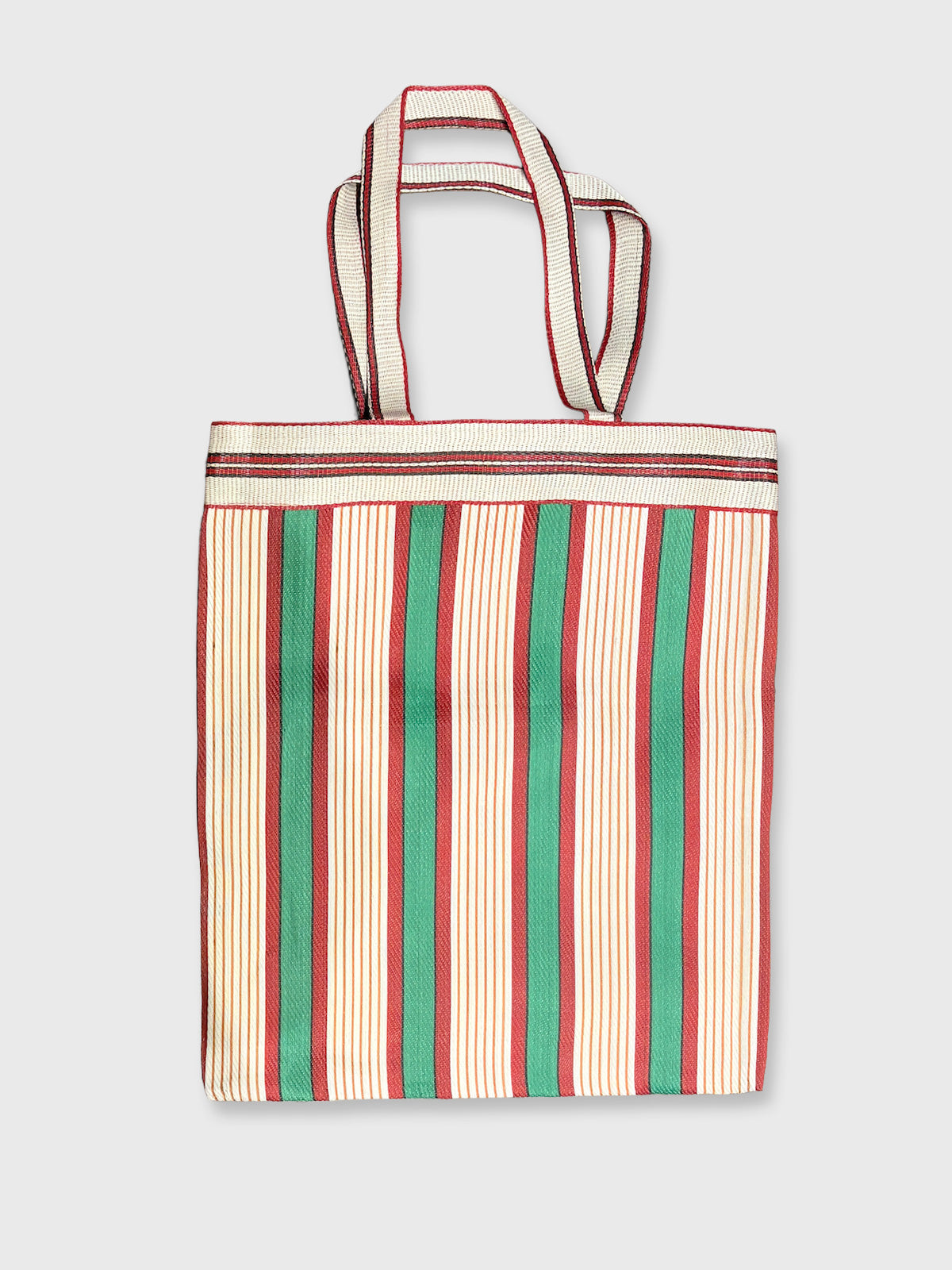Colourful Woven Stripe Recycled Shopper Market Bag - Green, Red & White