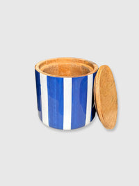 Blue & White Striped Wooden Storage Jar
