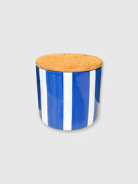 Blue & White Striped Wooden Storage Jar