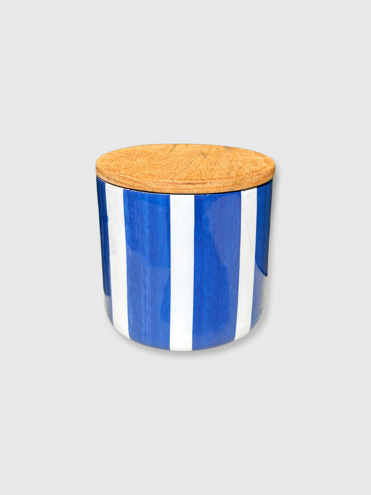 Blue & White Striped Wooden Storage Jar