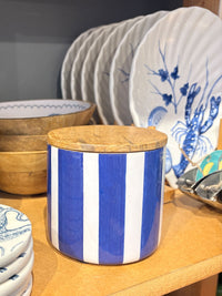 Blue & White Striped Wooden Storage Jar