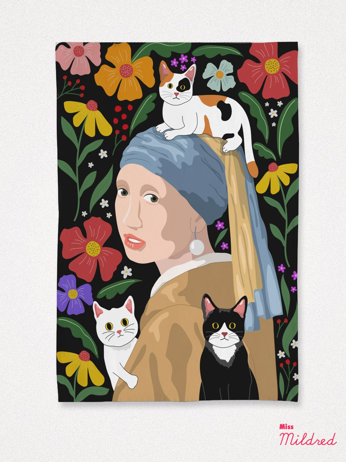 Girl With Pearl Earring & 3 Cats - Cotton Tea Towel