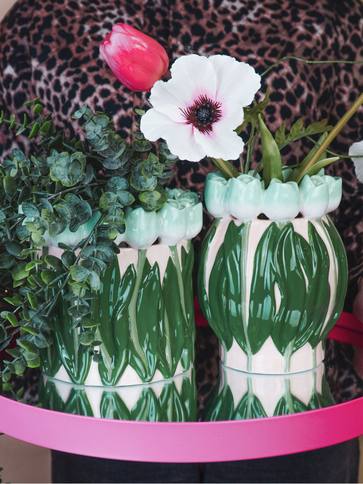 Tulip Design Ceramic Vase - Mint Green